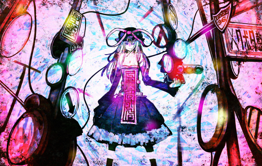 alternate_costume bare_shoulders belt breasts cleavage colorful dress glowing hat hat_ribbon long_hair orga_(pixiv) organ_derwald purple_eyes ribbon road_sign sign solo standing touhou traffic_light violet_eyes yakumo_yukari