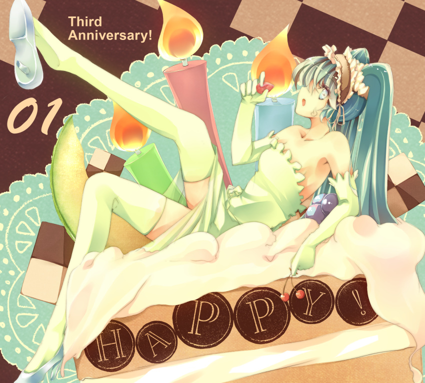 aqua_hair bad_id cake candle cherry dress elbow_gloves food fruit girl_in_food gloves hatsune_miku high_heels highres holding holding_fruit in_food legs long_hair minigirl otogi_kyouka shoe_dangle shoes strapless_dress strawberry thigh-highs thighhighs twintails very_long_hair vocaloid