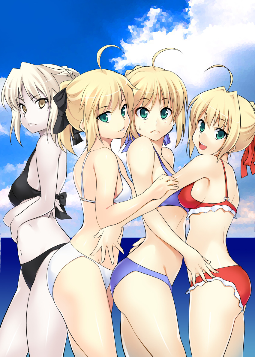 absurdres ahoge aqua_eyes artoria_pendragon_(all) azu bikini blonde_hair breasts cloud error fate/extra fate/grand_order fate/stay_night fate/unlimited_codes fate_(series) frilled_bikini frills hair_ribbon highres multiple_persona navel nero_claudius_(fate)_(all) o-ring_top ribbon saber saber_alter saber_extra saber_lily sideboob swimsuit