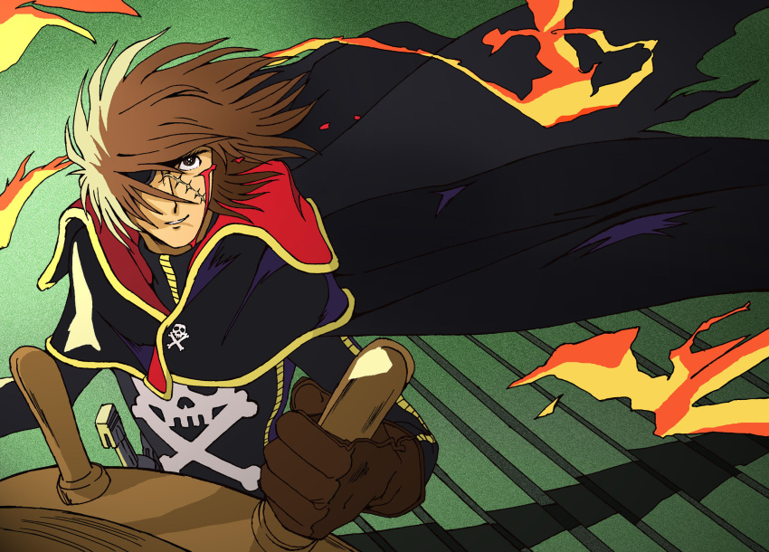 blood brown_hair cape cuts eyepatch fire flame gloves hair_over_one_eye harlock harlock_saga highres injury kujira_gunsou looking_up scar ship's_wheel ship's_wheel skull_and_crossbones solo uchuu_kaizoku_captain_harlock wind