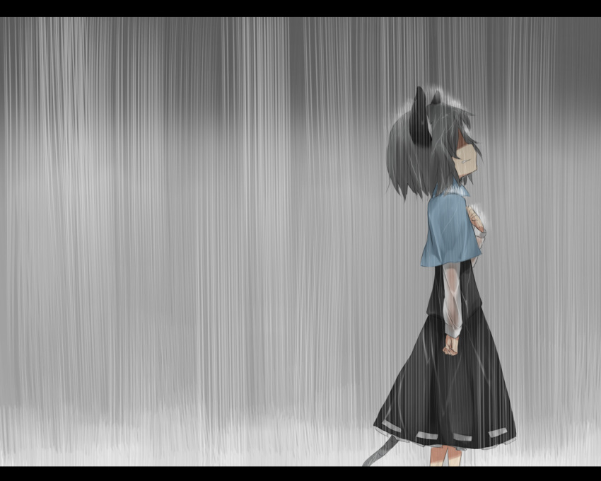 capelet clenched_hand clenched_teeth grey grey_hair hand_on_chest hand_on_own_chest letterboxed looking_up mikan_(ama_no_hakoniwa) mouse_ears mouse_tail nazrin no_eyes profile rain sad solo standing tail touhou wallpaper wet