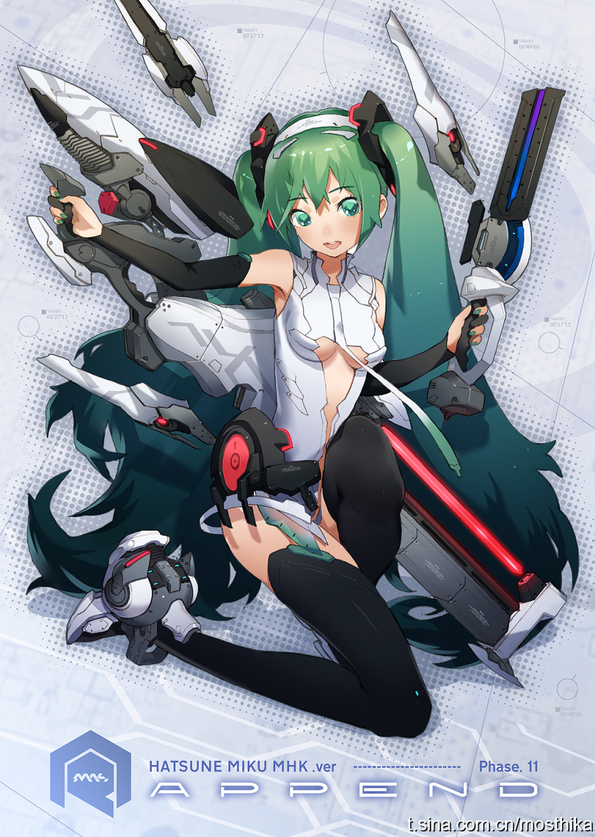 alternate_costume black_legwear black_thighhighs bridal_gauntlets gradient_hair green_eyes green_hair hatsune_miku hatsune_miku_(append) highres kneeling long_hair mhk_(mechamania) mhk_(pixiv) miku_append multicolored_hair necktie open_mouth smile solo thigh-highs thighhighs twintails very_long_hair vocaloid vocaloid_append