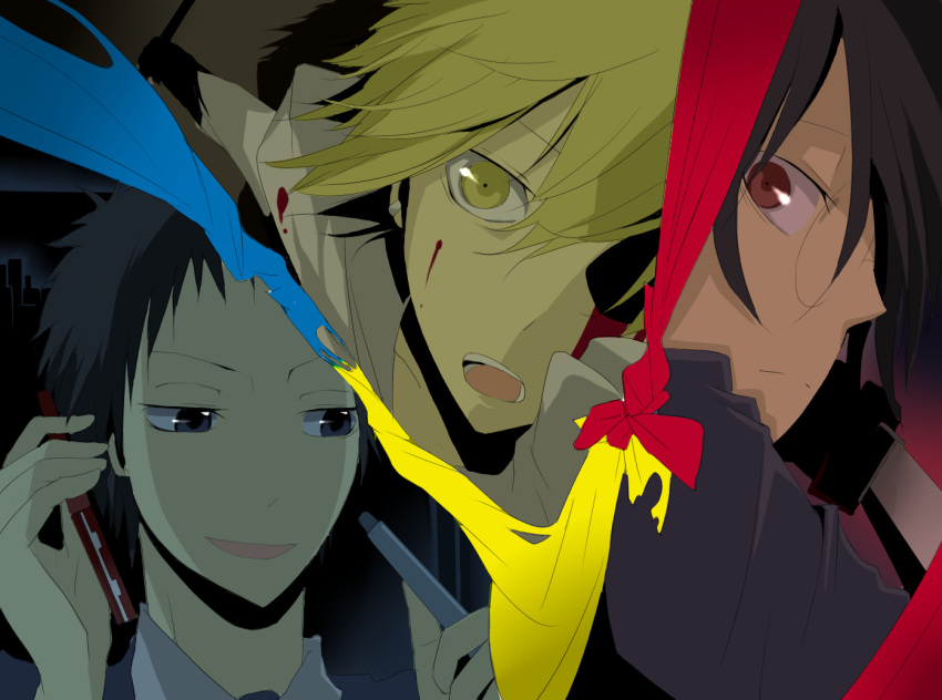 blonde_hair blood blue_eyes cellphone durarara!! earrings glasses jewelry kida_masaomi noel_(caballo) pen phone red_eyes ryuugamine_mikado school_uniform short_hair sonohara_anri sword weapon yellow_eyes