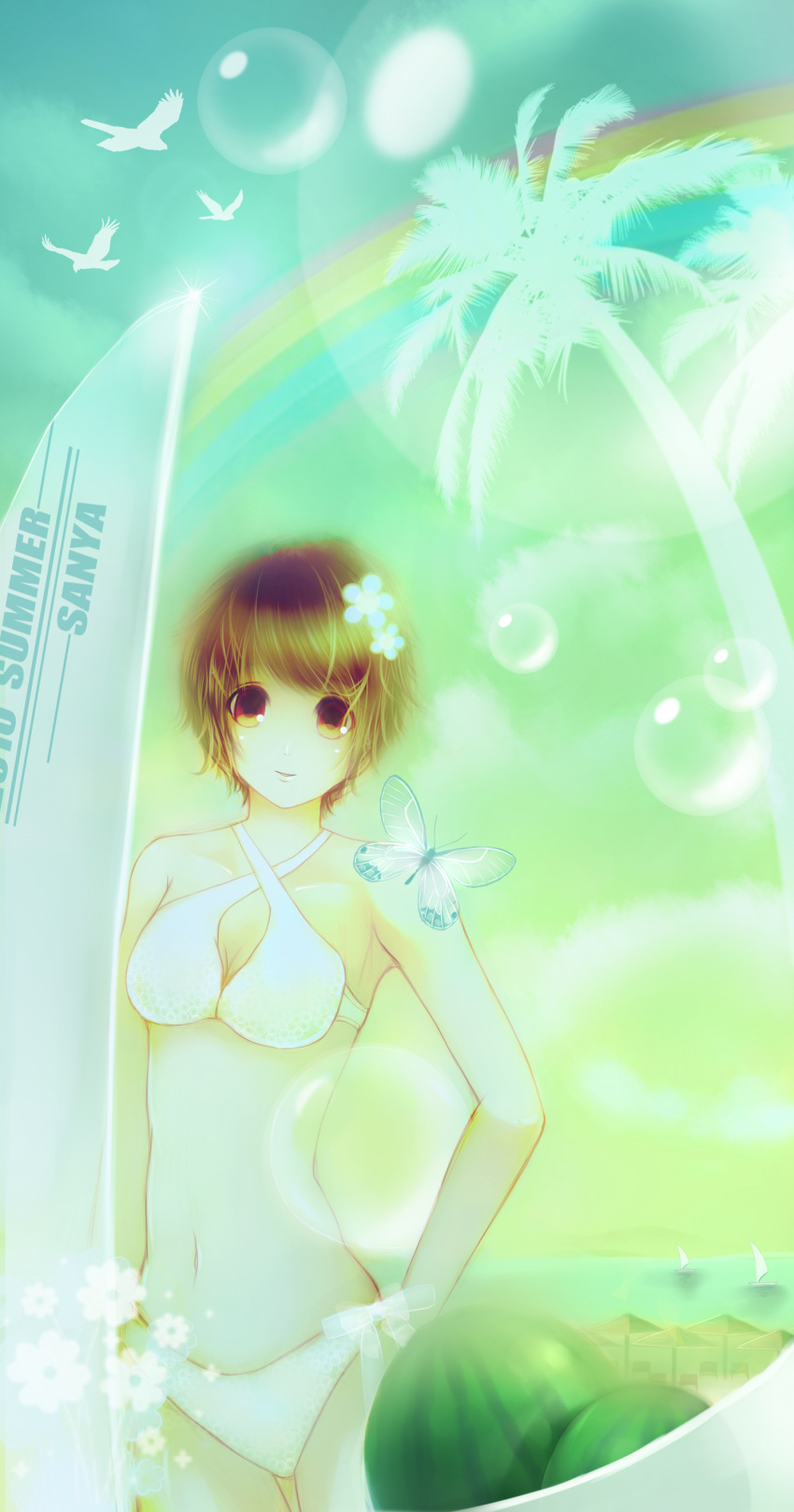 bikini brown_eyes brown_hair bubble butterfly food fruit rainbow short_hair surfboard swimsuit watermelon xianguang