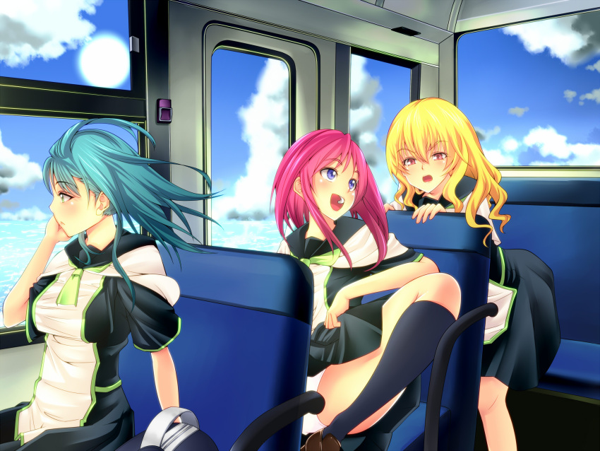 amasora_taichi blonde_hair blue_eyes blue_hair breasts bus bus_interior cloud green_eyes highres motor_vehicle multiple_girls ocean original red_eyes red_hair redhead socks vehicle