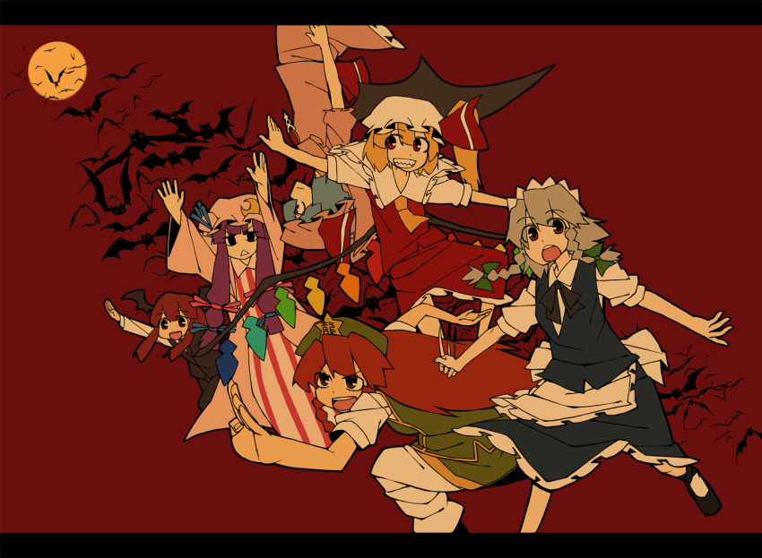 :d :o arms_up bat bat_wings blonde_hair blue_hair bu-n flandre_scarlet grin hat head_wings hong_meiling izayoi_sakuya knife koakuma maid moon open_mouth outstretched_arms pac-man_eyes patchouli_knowledge purple_hair red_eyes red_hair remilia_scarlet sharp_teeth silver_hair smile spread_arms the_embodiment_of_scarlet_devil touhou upside-down wings yaza