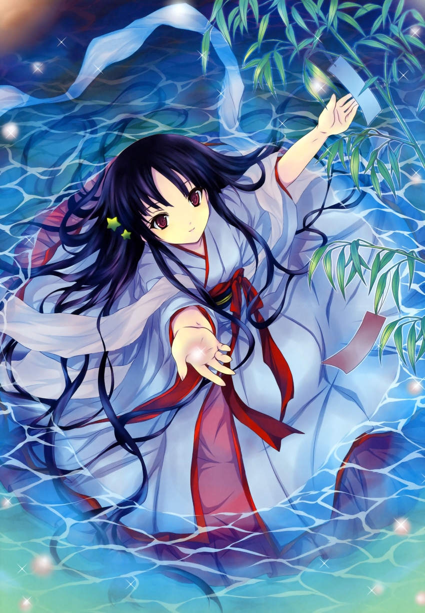 akino_subaru black_hair hair_ornament highres japanese_clothes kimono long_hair original outstretched_arms red_eyes solo submerged tanabata very_long_hair water