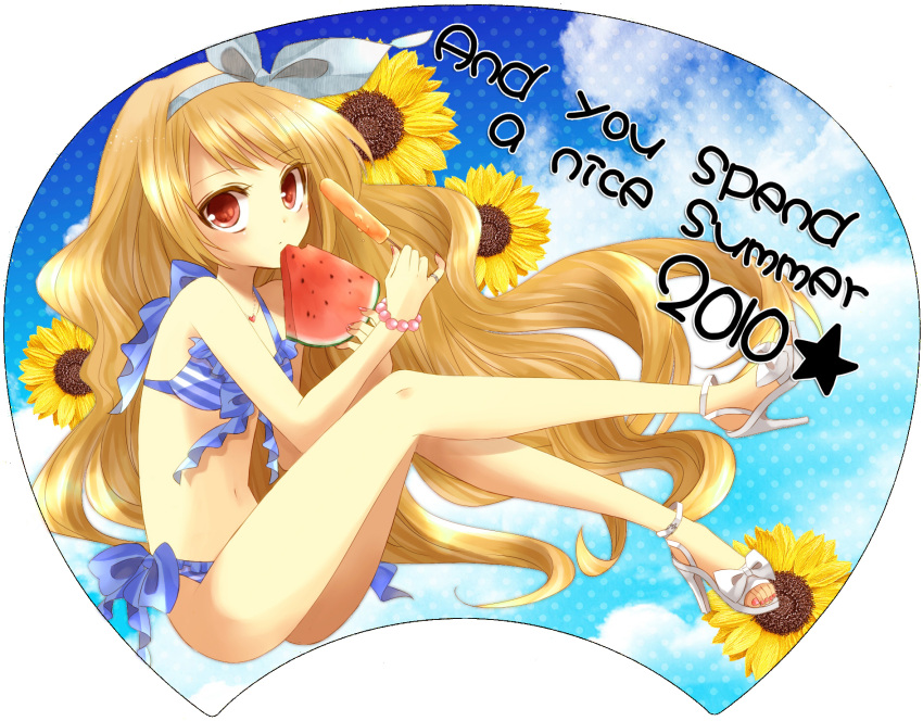 bad_id bikini brown_hair flower food fruit highres holding holding_fruit legs long_hair open_toe_shoes original popsicle red_eyes solo sunflower swimsuit watermelon