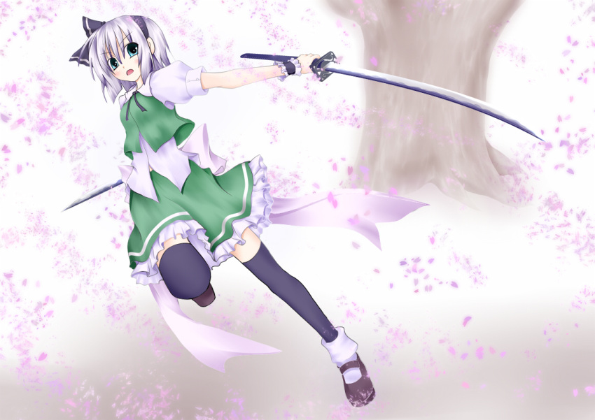 black_thighhighs blue_eyes cherry_blossoms dual_wielding fromage_tart furomaaju_(fromage) hairband katana konpaku_youmu mary_janes petals shoes short_hair silver_hair solo sword thigh-highs thighhighs touhou tree weapon wrist_cuffs zettai_ryouiki