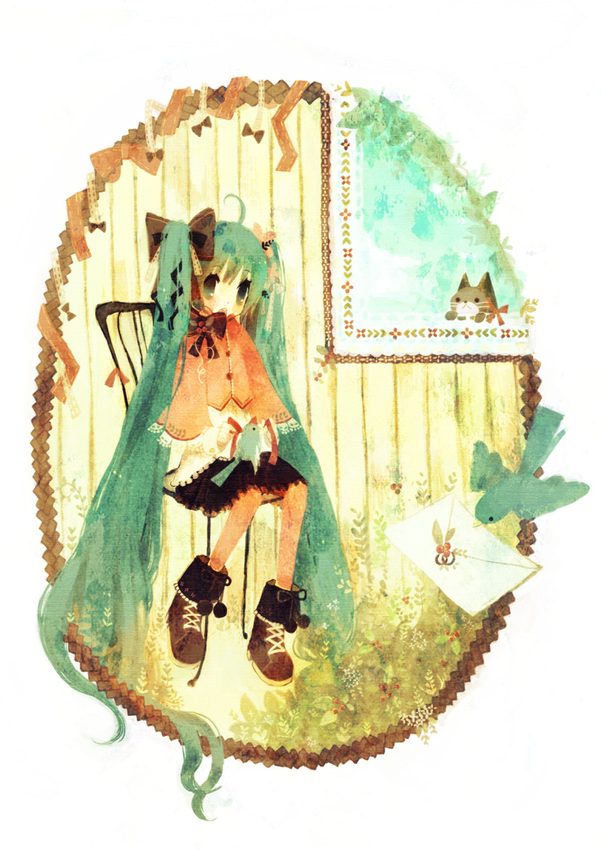 aqua_eyes aqua_hair bird boots bow cat chair cross-laced_footwear envelope hair_bow hatsune_miku highres kashiwaba_hisano letter long_hair open_mouth pantyhose pom_pom_(clothes) shoes sitting skirt twintails very_long_hair vocaloid