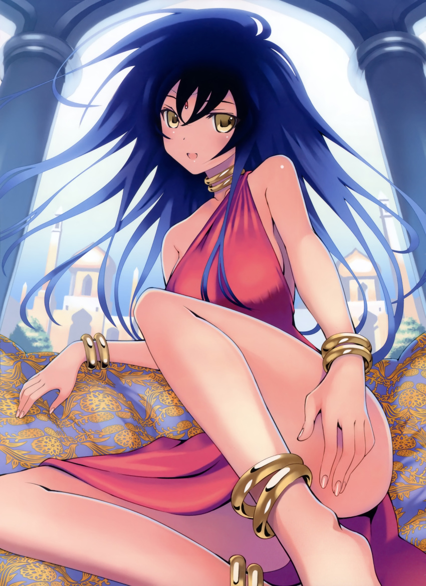 anklet arabian barefoot black_hair bou bracelet collar convenient_leg highres jewelry long_hair open_mouth sitting solo tan
