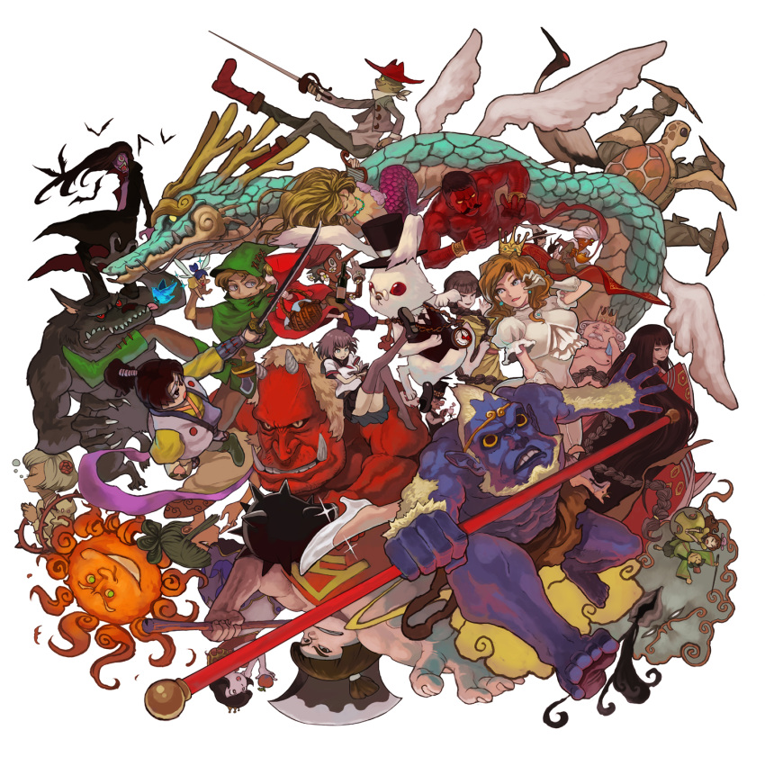 aladdin_(character) alice_in_wonderland bat big_bad_wolf big_bad_wolf_(grimm) cinderella crossover dracula dragon folklore genie_(aladdin) grimm's_fairy_tales highres journey_to_the_west kaguya kaguya_hime kintarou kintoun lack little_mermaid little_red_riding_hood little_red_riding_hood_(character) little_red_riding_hood_(grimm) mad_hatter mermaid momotarou_(character) momotarou_densetsu monster_girl oni otohime peter_pan peter_pan_(character) pinocchio pinocchio_(character) puss_in_boots puss_in_boots_(character) snow_white snow_white_(grimm) snow_white_and_the_seven_dwarfs sun sun_wukong the_little_mermaid tinkerbell turtle vampire white_rabbit wolf