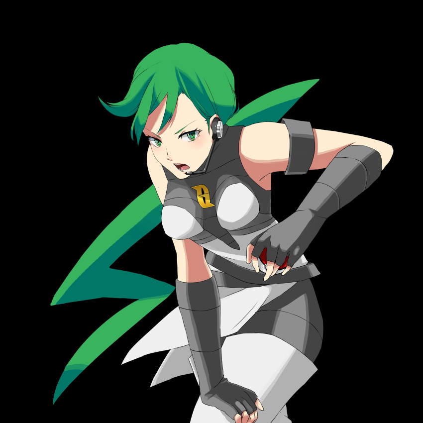 1girl fingerless_gloves gloves green_eyes green_hair haiyoku13 headset highres long_hair mitsumi_(pokemon) open_mouth poke_ball pokemon pokemon_dp_(manga) ponytail simple_background solo spoilers team_galactic