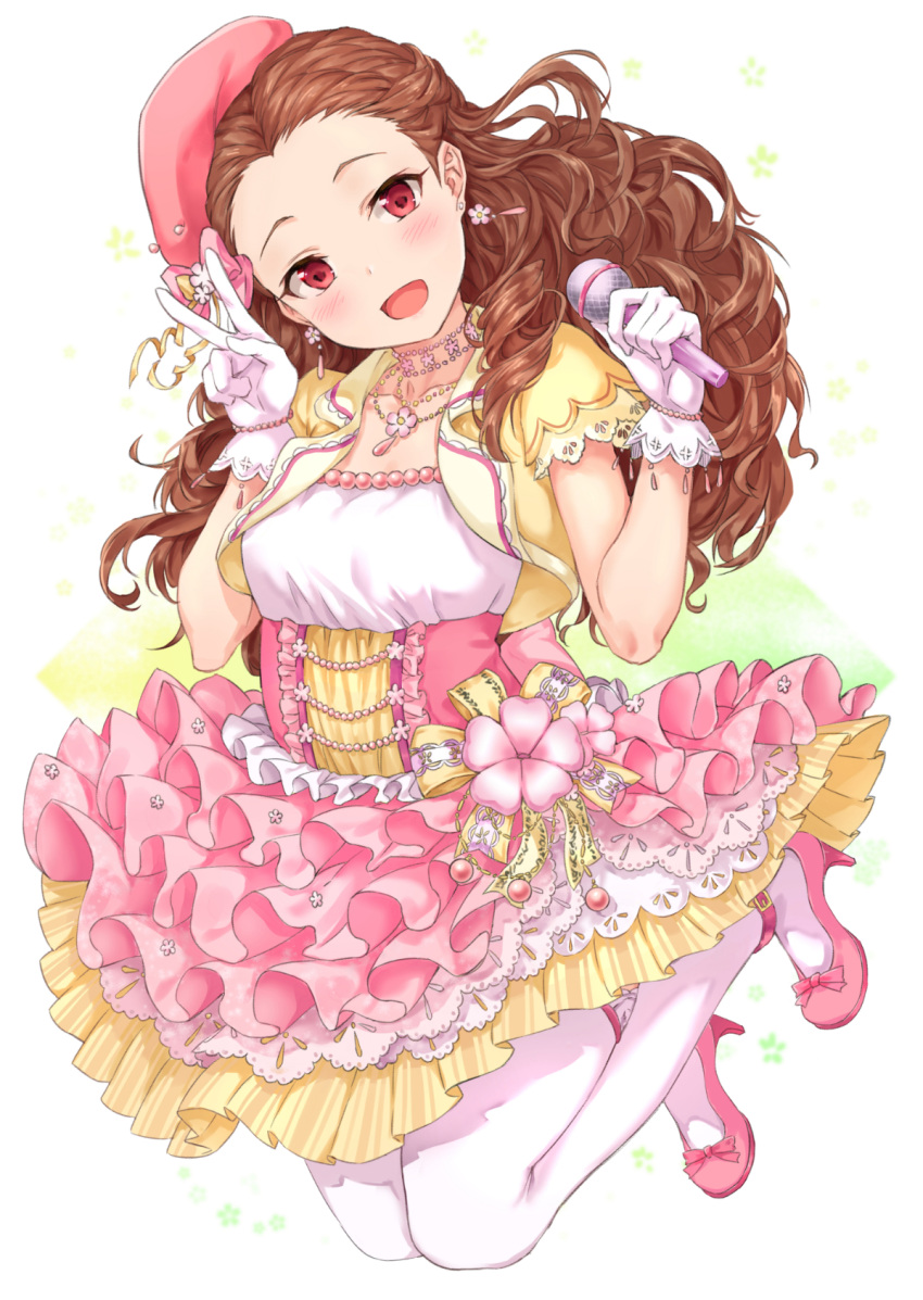 1girl beret blush bow brown_hair choker commentary corsage curly_hair dress earrings flower flower_earrings flower_necklace frilled_dress frills full_body gloves hat high_heels highres holding holding_microphone idolmaster idolmaster_cinderella_girls idolmaster_cinderella_girls_starlight_stage jewelry layered_dress long_hair looking_at_viewer microphone necklace open_mouth pink_dress pink_footwear red_eyes ribbon seki_hiromi short_sleeves simple_background sirurabbit smile solo v white_gloves white_legwear