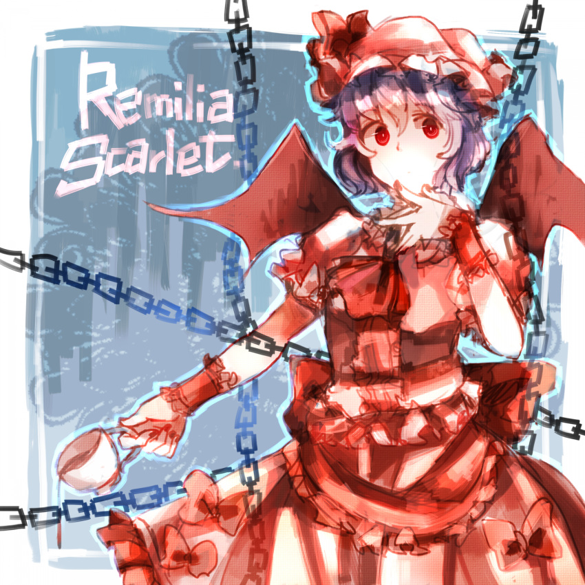 azya bad_id bow chain character_name cup dress hat highres purple_hair red_eyes remilia_scarlet short_hair solo touhou wings wrist_cuffs
