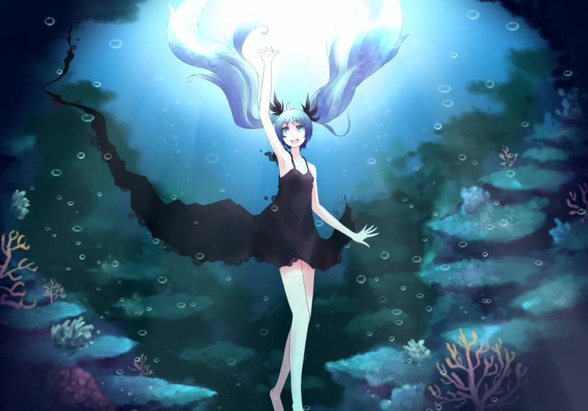 :d arm_up bare_legs bare_shoulders blue_eyes blue_hair bubble coral floating_hair hatsune_miku minato_(shouno) open_mouth outstretched_arm outstretched_hand reaching shinkai_shoujo_(vocaloid) smile twintails underwater vocaloid