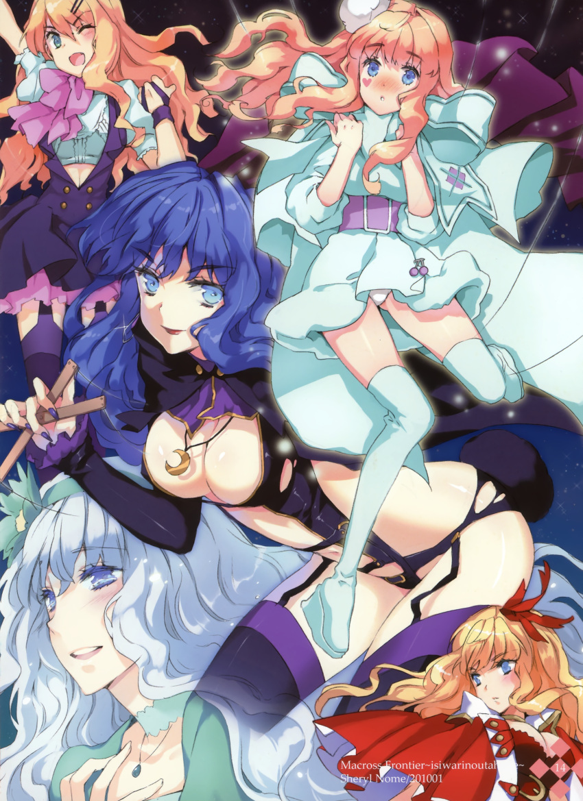 blonde_hair blue_eyes blue_hair blush boots breasts cleavage crescent cuteg dual_persona heart highres jewelry legs long_hair macross macross_frontier macross_frontier:_itsuwari_no_utahime macross_frontier:_the_false_diva nail_polish necklace open_mouth sheryl_nome signature thigh-highs thigh_boots thighhighs white_hair wink
