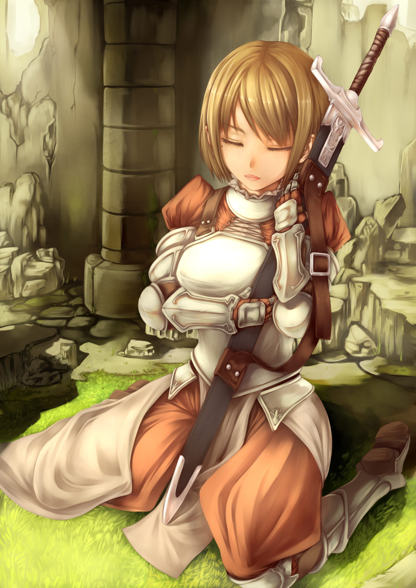 armor brown_hair closed_eyes fantasy gauntlets greaves highres knight lips mole original pillar sitting solo strap sword visualcat wariza weapon