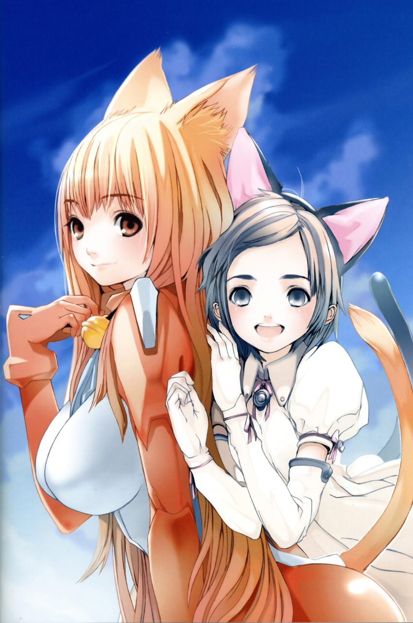 absurdres animal_ears antonia asobi_ni_iku_yo! bell bodysuit breasts cat_ears eris_(asobi_ni_iku_yo!) futaba_aoi gloves highres houden_eizou jingle_bell long_hair multiple_girls official_art open_mouth short_hair sky tail