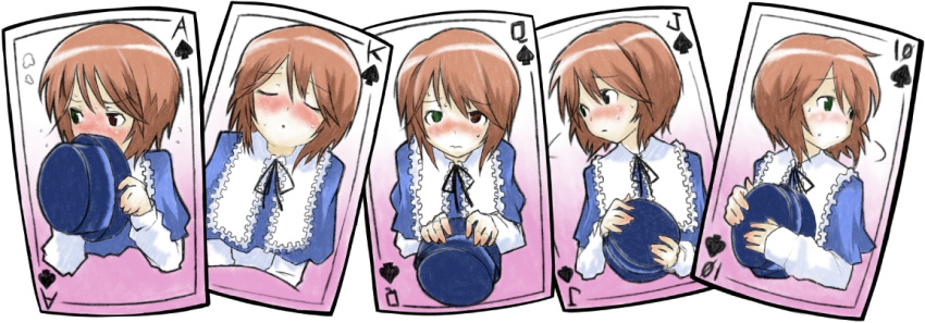 brown_hair card card_(medium) cards closed_eyes covering_mouth embarrassed fukanensei hat hat_removed headwear_removed heterochromia incoming_kiss playing_card playing_cards rozen_maiden short_hair souseiseki tsundere