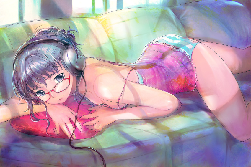 black_eyes black_hair breasts camisole cleavage couch cushion glasses headphones lips lying on_stomach original osamu panties smile solo strap_slip striped striped_panties underwear