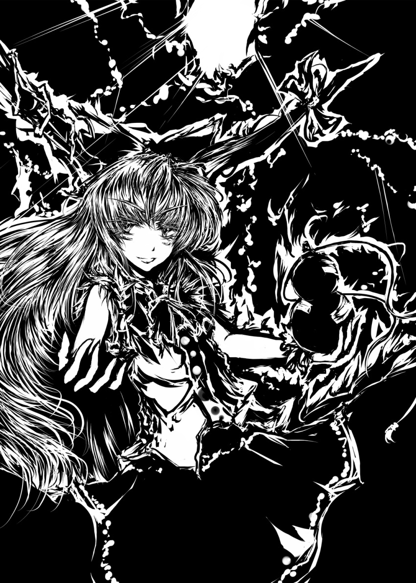 acryl bad_id bow eyebrows gourd hair_bow highres horns ibuki_suika long_hair monochrome solo thick_eyebrows touhou