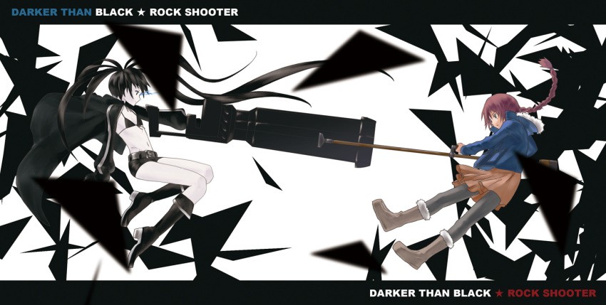 anti-materiel_rifle arm_cannon belt bikini_top black_rock_shooter black_rock_shooter_(character) boots botbe braid coat crossover darker_than_black front-tie_top glowing glowing_eyes green_eyes gun jacket long_hair multiple_girls navel pantyhose profile red_hair redhead rifle scar seiyuu_connection short_shorts shorts single_braid skirt sniper_rifle stitches suou_pavlichenko twintails very_long_hair weapon