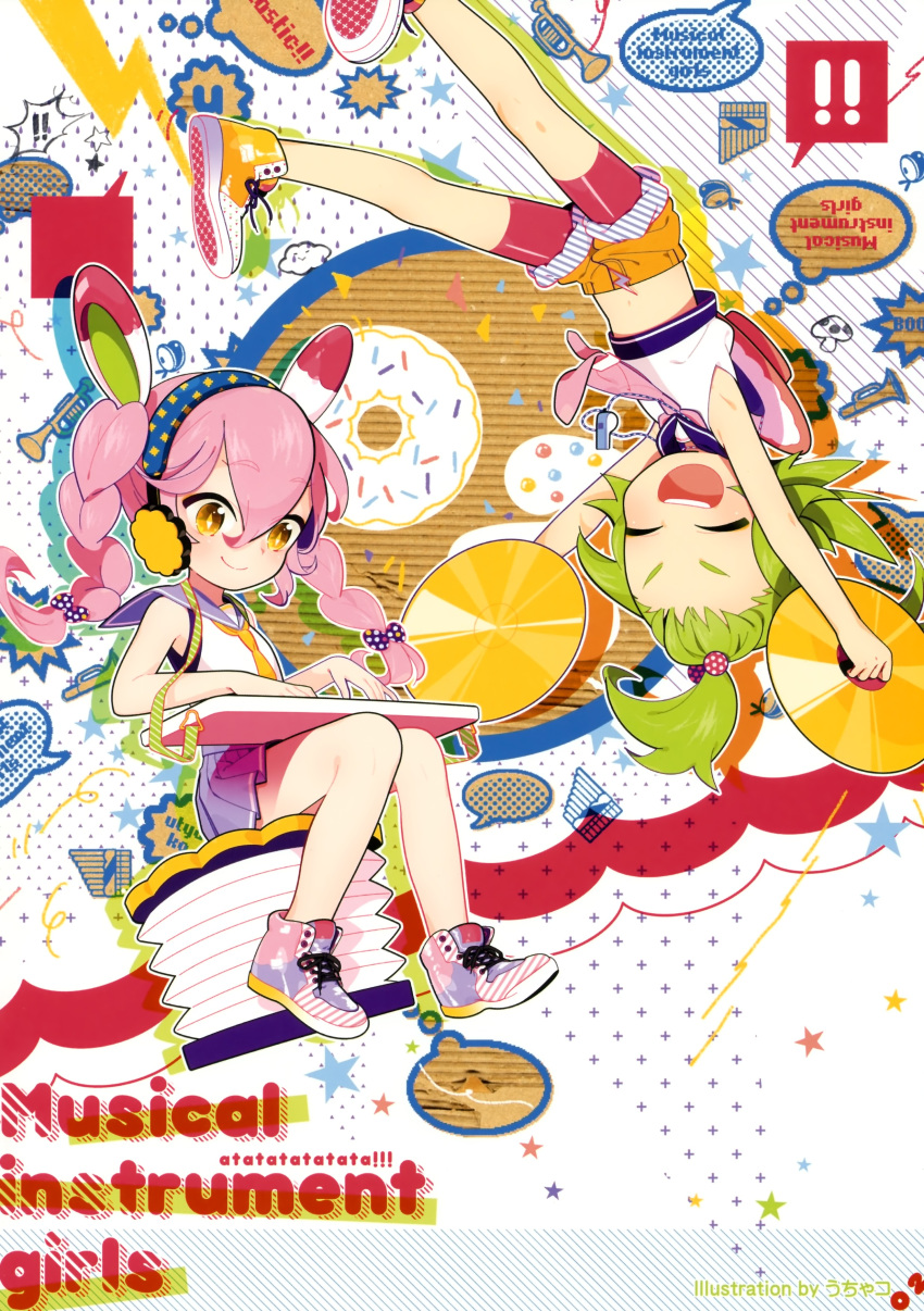 absurdres braid closed_eyes cymbals green_hair highres instrument midriff multiple_girls navel necktie open_mouth pink_hair shoes shorts sitting skirt sneakers spandex twintails whistle yellow_eyes