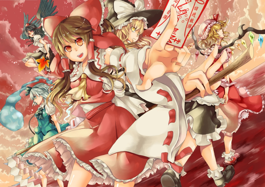 amatsuki_colors ascot black_dress blonde_hair bobby_socks bow brown_hair detached_sleeves dress flandre_scarlet frills green_dress hair_ribbon hair_tubes hakurei_reimu hat kirisame_marisa konpaku_youmu long_hair multiple_girls ofuda payot red red_background red_dress red_eyes ribbon shameimaru_aya shoes short_hair smile socks tokin_hat touhou white_hair wings yellow_eyes