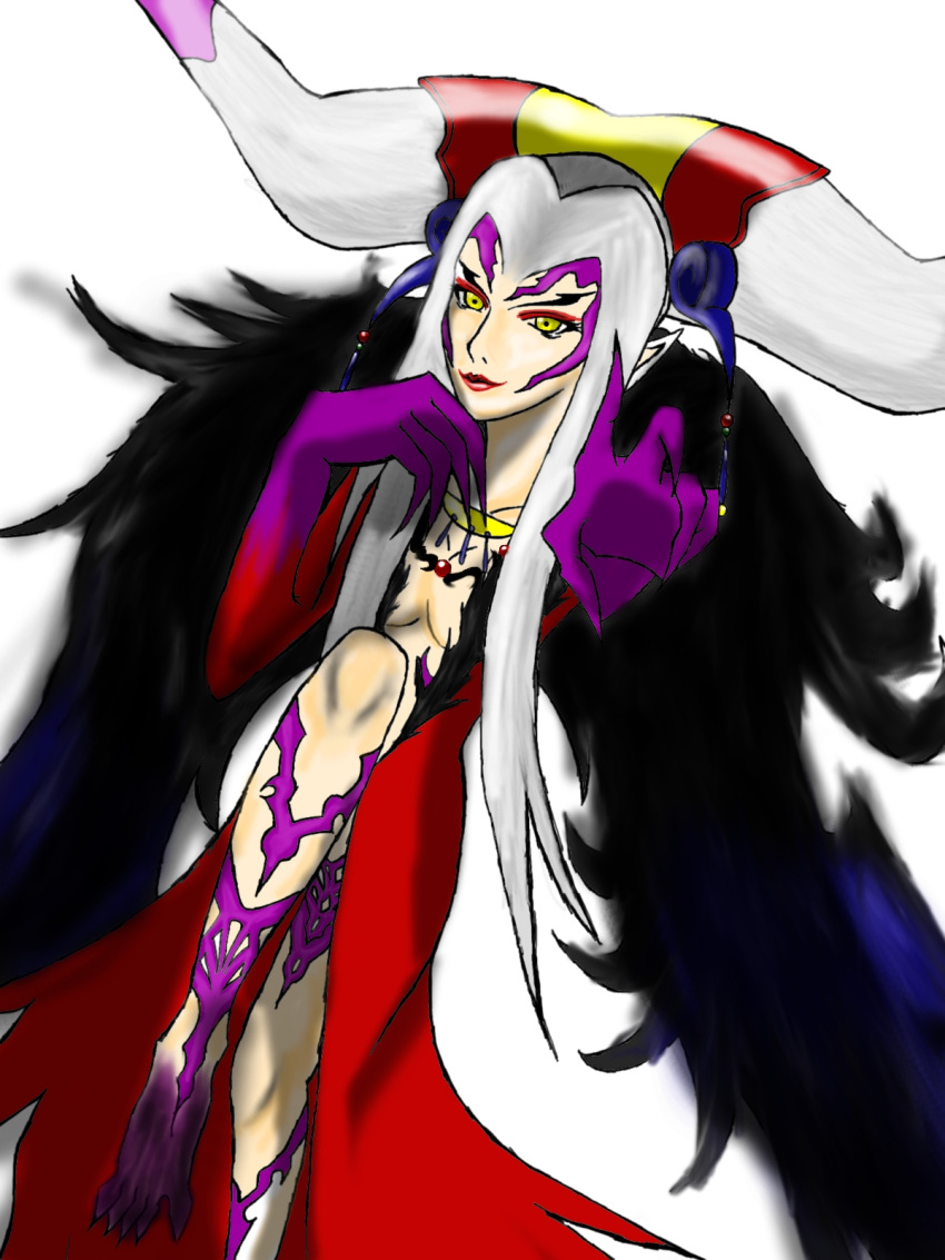 barefoot black_wings breasts cleavage dress earrings facial_markings final_fantasy final_fantasy_viii fingers jewelry lips lipstick long_hair necklace pointing pointy_ears solo ultimecia very_long_hair white_hair wings yellow_eyes