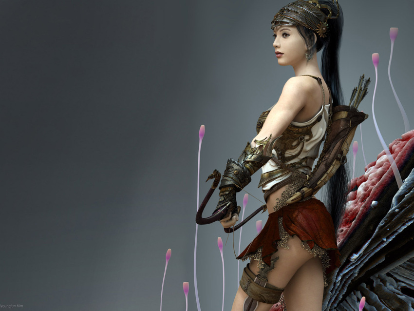 archer armor black_hair bow brown_eyes fantasy female helmet knife long_hair realistic skirt wallpaper weapon