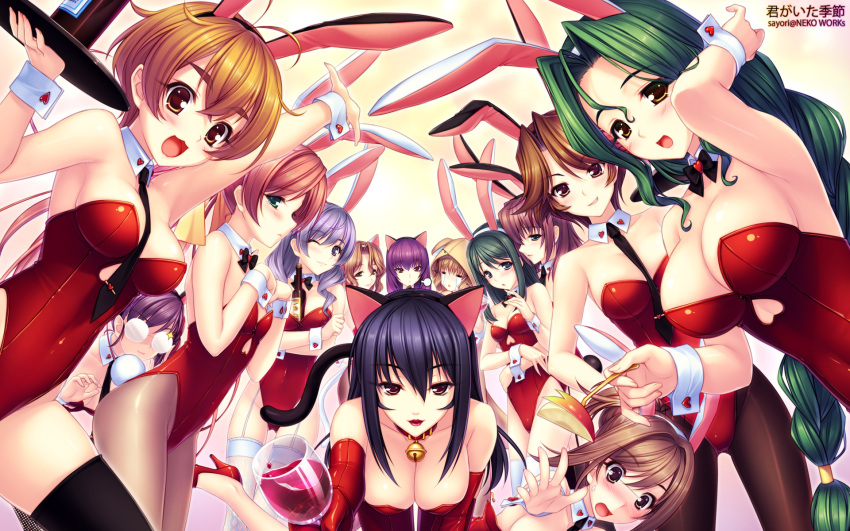 :d aihara_misa animal_ears bell bell_collar black_hair blush bottle breasts brown_eyes brown_hair bunny_ears bunny_tail bunnysuit cat_ears cat_tail cleavage collar detached_collar elbow_gloves food garter_straps glasses gloves green_eyes green_hair high_heels highres hood isumi_akira isumi_marika isumi_michiru isumi_yayoi jingle_bell jinguji_marimo jinguuji_marimo kazama_touko kimi_ga_ita_kisetsu kouduki_yuko kouzuki_yuuko large_breasts lipstick long_hair multiple_girls munakata_misae necktie open_mouth pantyhose purple_hair rabbit_ears sayori shoes short_hair silver_hair smile tail thigh-highs thighhighs tono_yuri tray very_long_hair wallpaper wine wink wrist_cuffs yagawa_mutsuki