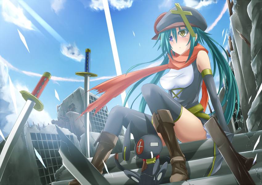 aqua_hair blue_hair boots building clouds hat heterochromia katana long_hair miniskirt outdoors panties scarf solo striped_underwear stuffed_toy sword thigh-highs twintails underwear weapon