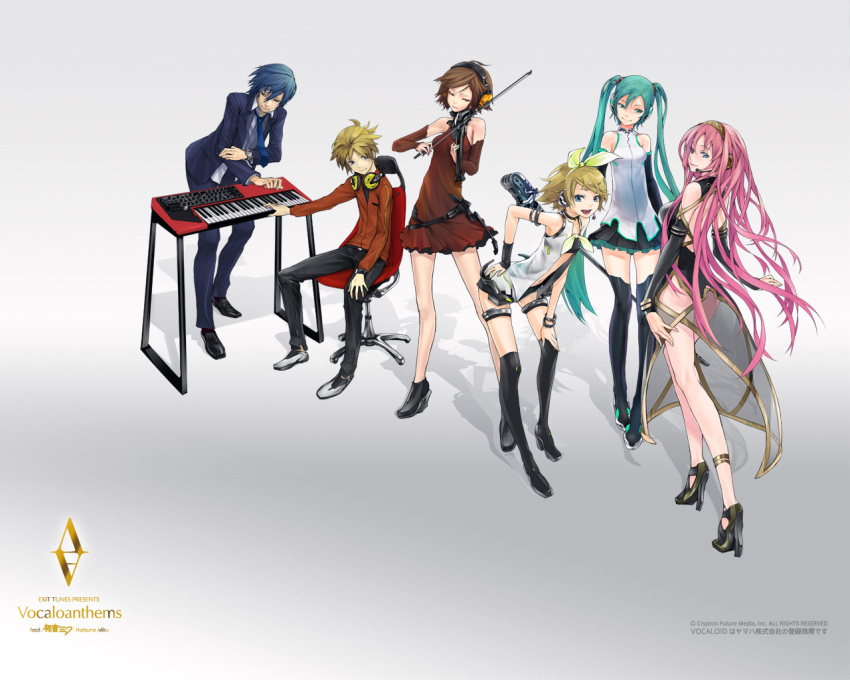 4girls album_cover aqua_eyes aqua_hair bare_shoulders blonde_hair blue_eyes blue_hair boots bow bracelet brother_and_sister brown_hair chair collar detached_sleeves dress formal green_eyes green_hair hair_ornament hair_ribbon hairband hairclip hand_on_hip hatsune_miku headphones headset high_heels instrument jacket jewelry kagamine_len kagamine_rin kaito keyboard keyboard_(instrument) leaning leaning_forward leg_band legs long_hair looking_back megurine_luka meiko microphone multiple_boys multiple_girls navel necktie open_mouth pink_hair ponytail redjuice ribbon shoes short_hair siblings sitting skirt sleeveless_shirt smile suit thigh_boots thighhighs track_jacket twins twintails very_long_hair violin vocaloanthems vocaloid wallpaper watch zettai_ryouiki