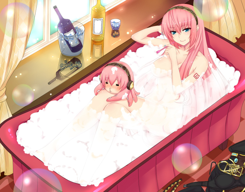 bath bathtub bra breasts cleavage drink headphones lingerie long_hair megurine_luka nude nuko_(mikupantu) panties pink_hair takoluka underwear vocaloid wet
