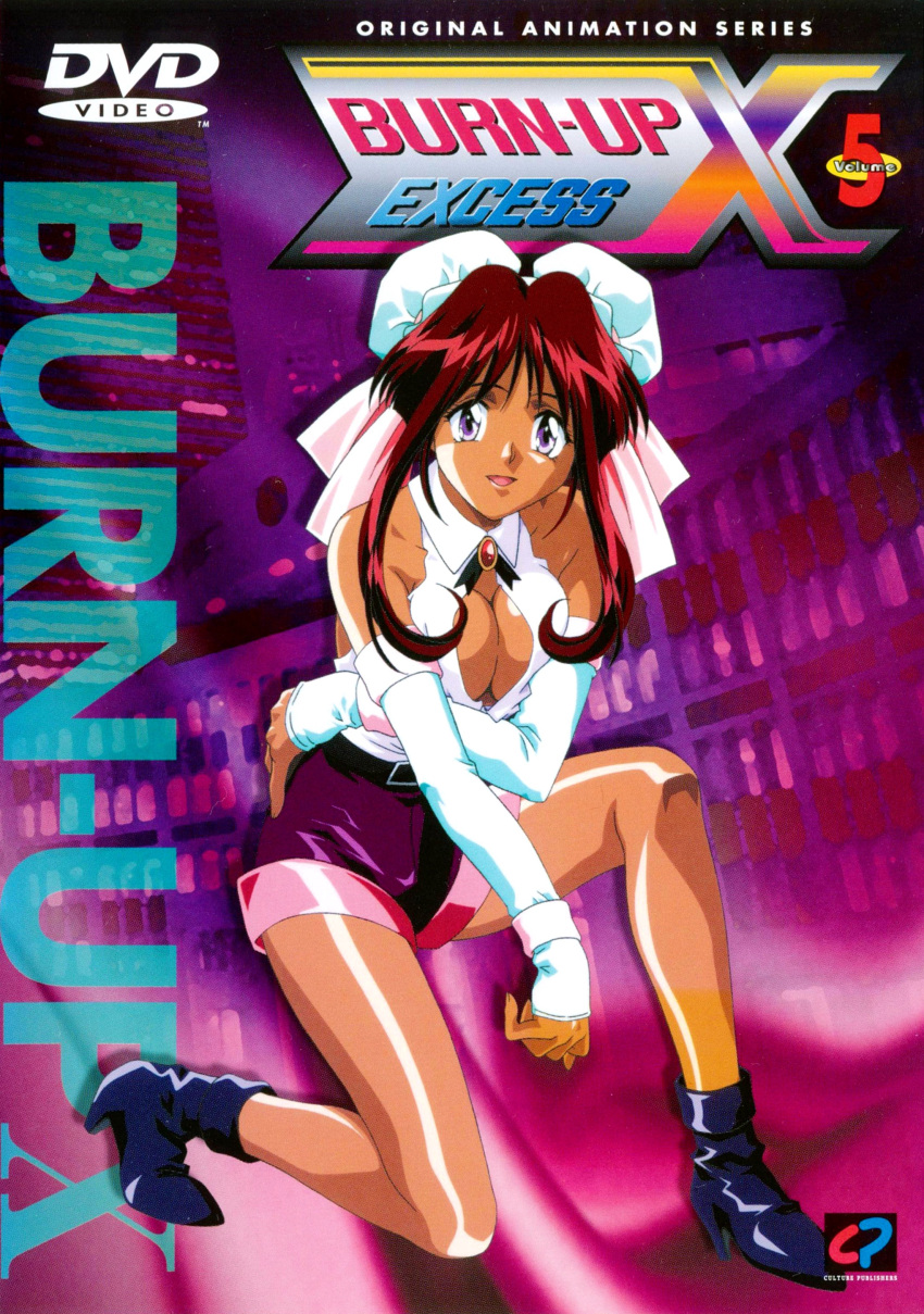 absurdres belt breast_hold breasts brooch brown_hair bun_cover burn-up burn-up_excess city cleavage cleavage_cutout cover dark_skin detached_sleeves double_bun dvd_cover elbow_gloves gloves high_heels highres jewelry legs long_hair nanvel_candlestick official_art open_mouth purple_eyes ribbon shoes shorts smile solo violet_eyes