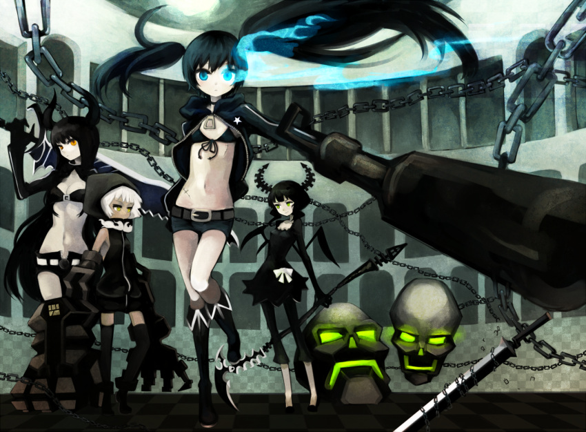 arm_cannon belt bikini_top black_gold_saw black_hair black_legwear black_rock_shooter black_rock_shooter_(character) blue_eyes blue_fire blue_flame boots bow breasts capri_pants chain chains checkered checkered_floor cleavage dead_master dress fire front-tie_top gloves glowing_eye green_eyes high_collar hoodie horns jacket long_hair long_sleeves mechanical_arm morina_nao multiple_girls navel orange_hair pale_skin red_eyes scar scythe short_hair short_shorts shorts skull sleeveless_hoodie star strength_(black_rock_shooter) sword thighhighs twintails unzipped very_long_hair weapon white_hair wings yellow_eyes zettai_ryouiki