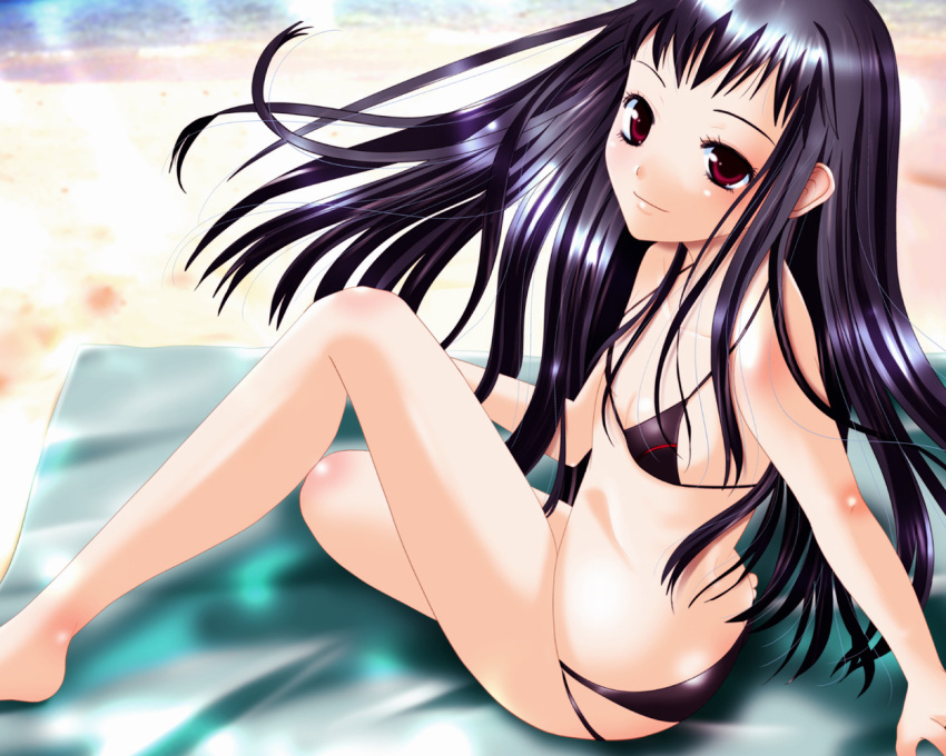 ar_tonelico ar_tonelico_2 beach bikini black_hair flat_chest inumori_sayaka jakuri long_hair red_eyes swimsuit