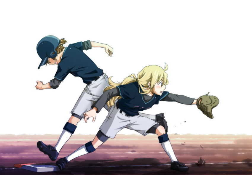baseball_mitt blonde_hair helmet hirasawa_yui k-on! kotobuki_tsumugi myng running softball softball_uniform