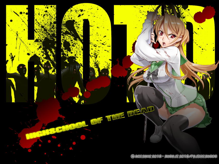 blood highschool_of_the_dead miyamoto_rei red_eyes satou_shouji seifuku thigh-highs weapon