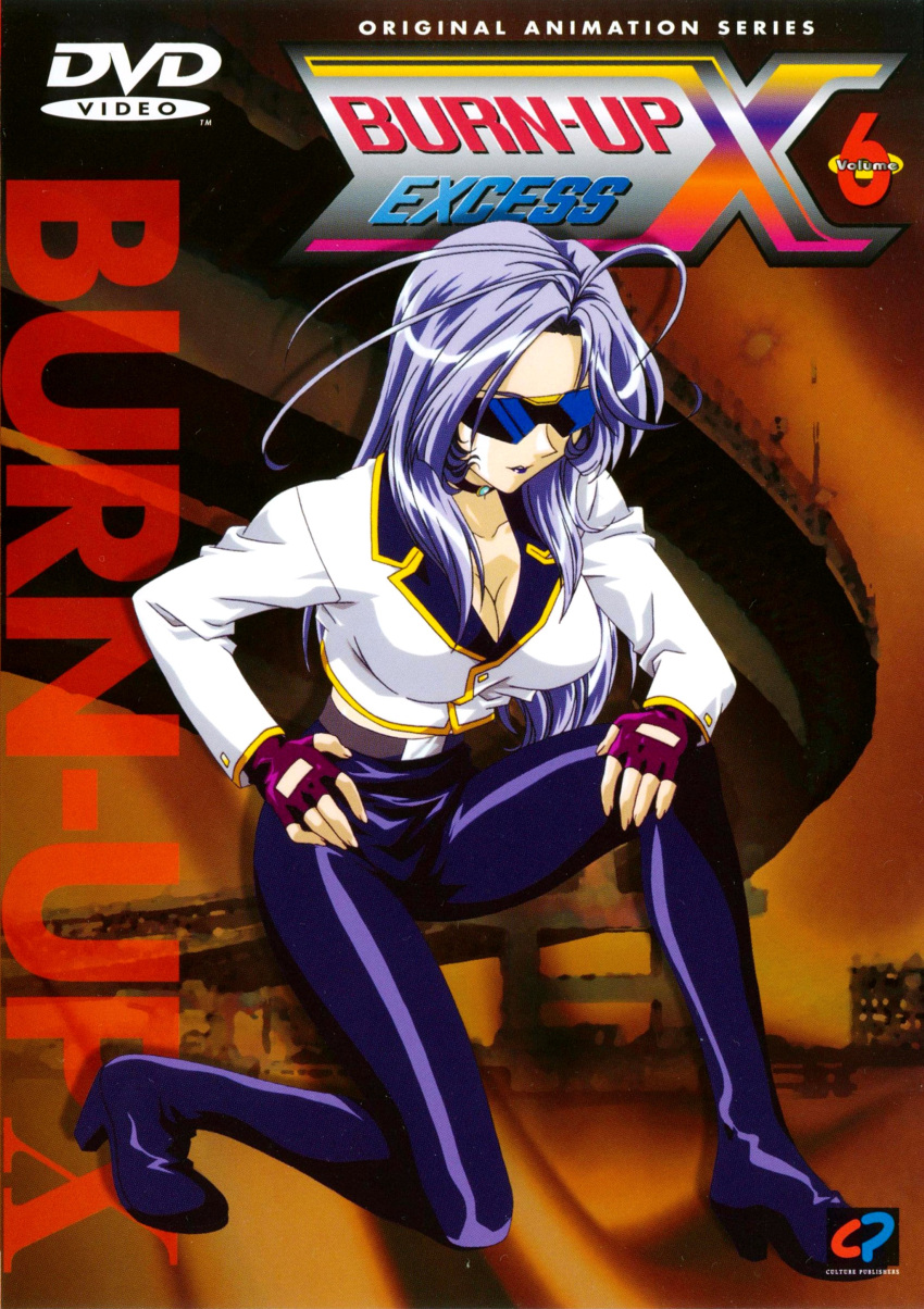 absurdres belt boots breasts burn-up burn-up_excess choker cleavage cover dvd_cover fingerless_gloves glasses gloves highres jewelry legs lipstick long_hair official_art purple_hair red ruby shiny shiny_clothes solo sunglasses tight_pants tight_shirt