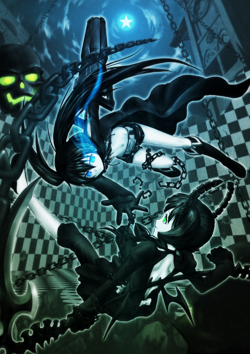 absurdres arm_cannon belt bikini_top black_hair black_rock_shooter black_rock_shooter_(character) blue_eyes boots chain checkered checkered_floor dead_master dress front-tie_top gloves glowing glowing_eyes green_eyes highres hirohito horns jacket kizawa_hiroto long_hair multiple_girls navel outstretched_hand reaching scar scythe short_shorts shorts skull smile star stitches twintails very_long_hair weapon wings