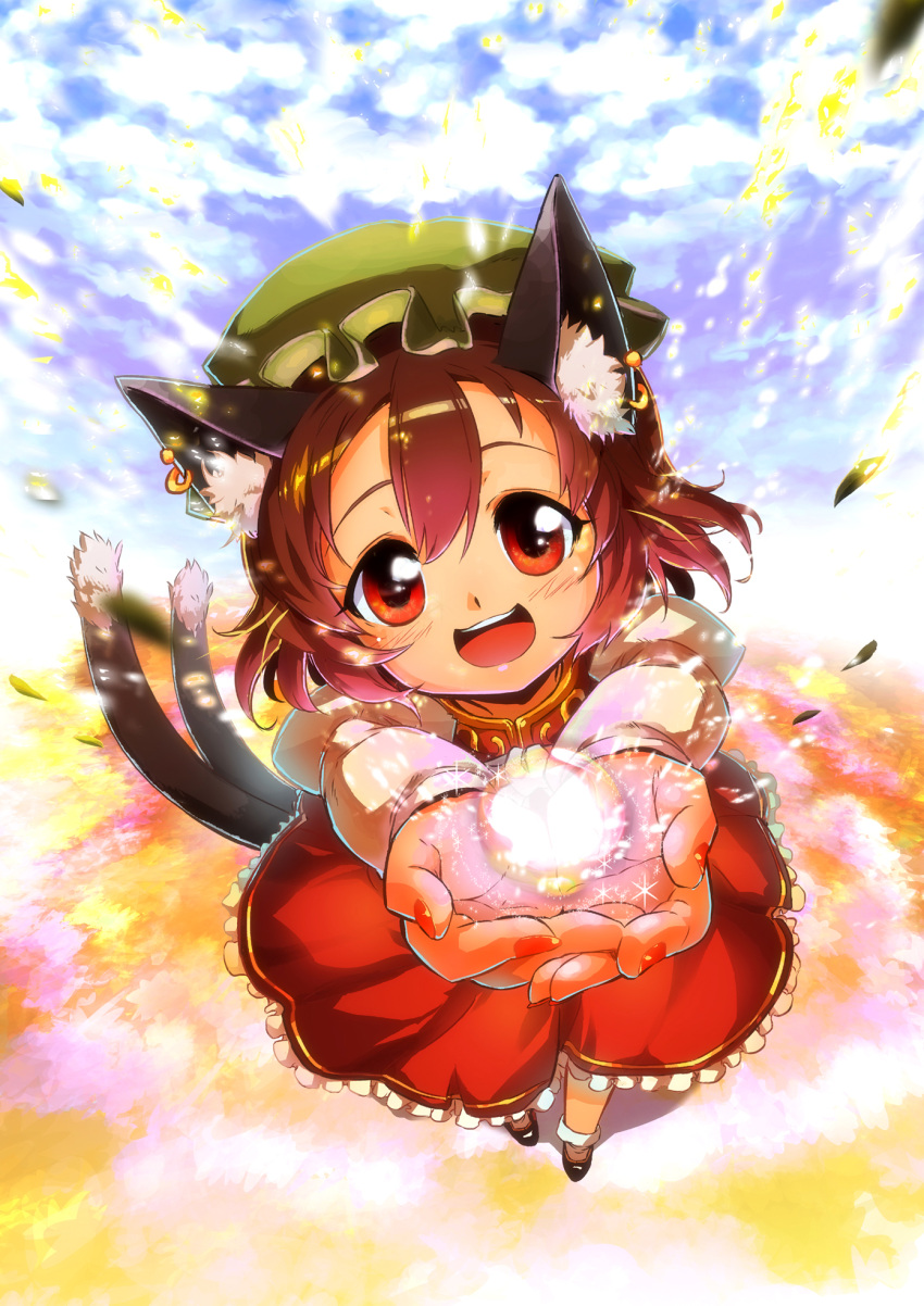 brown_hair cat_ears cat_tail chen earrings flower_field foreshortening glowing happy hat highres im_(badmasa) jewelry looking_at_viewer magic multiple_tails nail_polish open_mouth outstretched_hand petals red_eyes short_hair smile solo tail tareme touhou