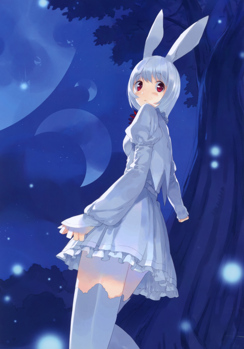 :o alice_in_wonderland animal_ears bunny_ears highres long_sleeves march_hare moon night rabbit_ears red_eyes short_hair skirt snow solo thigh-highs thighhighs ueda_ryou