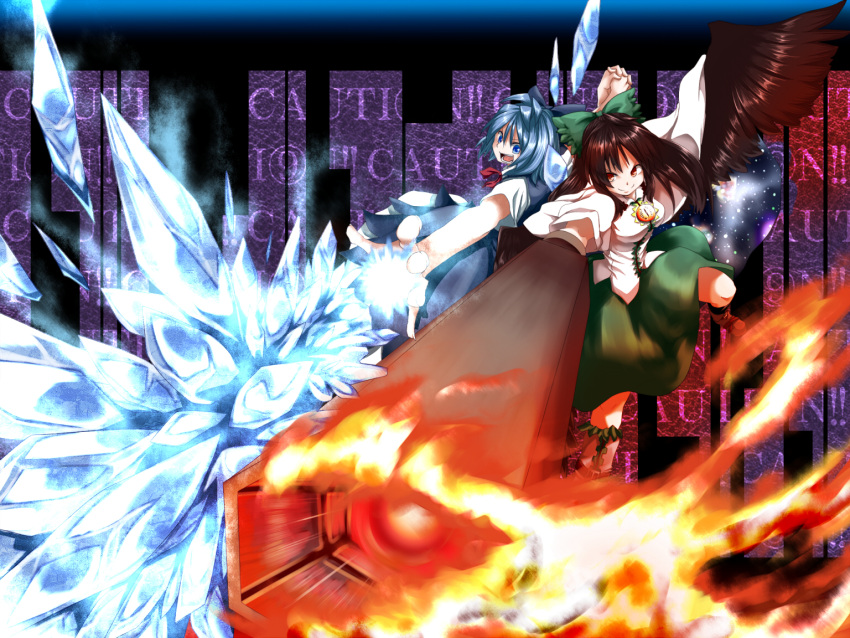 arm_cannon artist_request blue_eyes blue_hair bow brown_hair cape caution cirno fire hair_bow holding_hands ice long_hair madara_hato multiple_girls outstretched_hand red_eyes reiuji_utsuho short_hair skirt third_eye touhou weapon wings ⑨