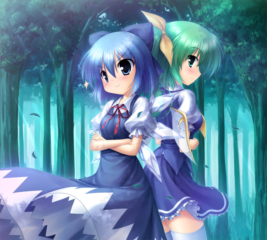 2girls back-to-back blue_eyes blue_hair bow cirno crossed_arms daiyousei dress forest green_eyes green_hair hair_bow multiple_girls nature short_hair side_ponytail sunbeam sunlight takeponi thigh-highs thighhighs touhou white_legwear white_thighhighs wings zettai_ryouiki