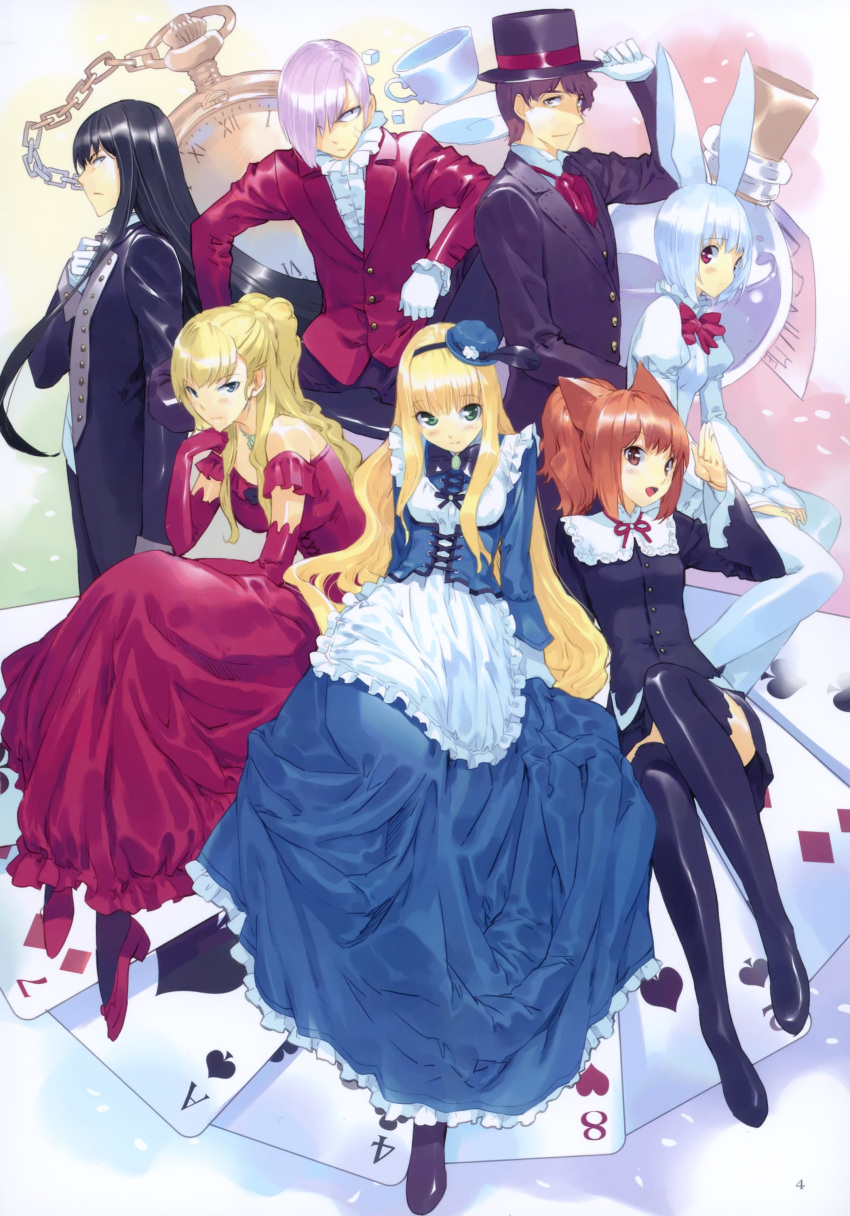 ace_of_spades alice_(wonderland) alice_in_wonderland bottle card cheshire_cat cup highres humpty_dumpty lying_card mad_hatter march_hare queen_of_hearts ueda_ryou white_rabbit