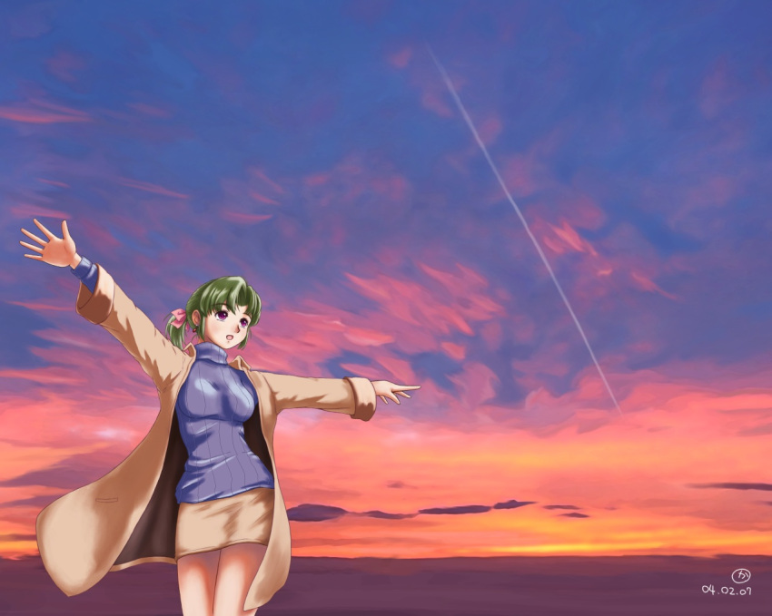 1girl boon cloud coat condensation_trail dated green_hair hatsuseno_alpha outdoors outstretched_arms pointing ponytail purple_eyes skirt sky soft_beauty solo spread_arms sunset sweater turtleneck wallpaper yokohama_kaidashi_kikou