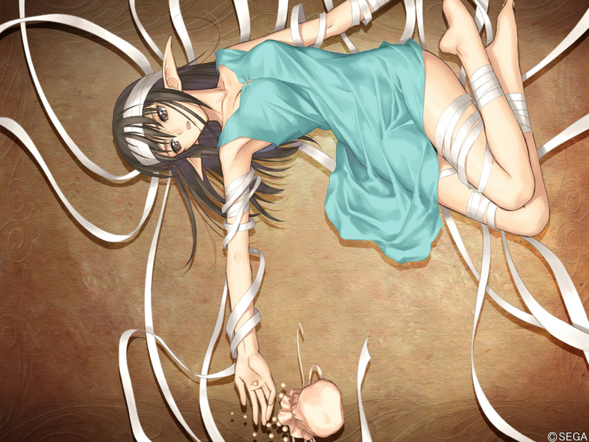 bandage barefoot brown_eyes brown_hair elf highres long_hair lying pointy_ears shining_(series) shining_tears shining_wind solo taka_tony xecty xecty_ein