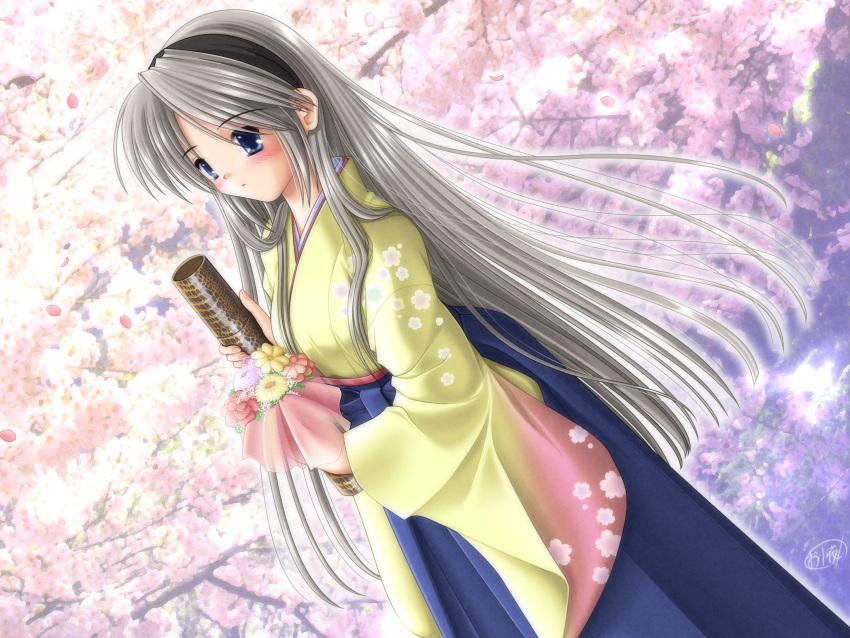 blush cherry_blossoms clannad flower highres japanese_clothes long_hair sakagami_tomoyo silver_hair very_long_hair